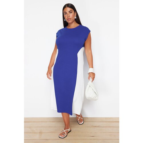 Trendyol Curve Saks-Ecru Color Block Midi Crepe Knitted Plus Size Dress Slike