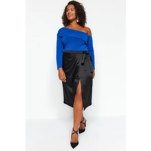 Trendyol Curve Black Weave Satin Skirt with slits and fastenings