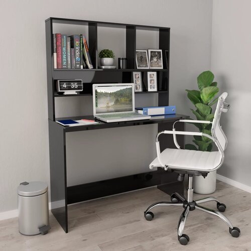  Radni stol s policama visoki sjaj crni 110x45x157 cm iverica Slike
