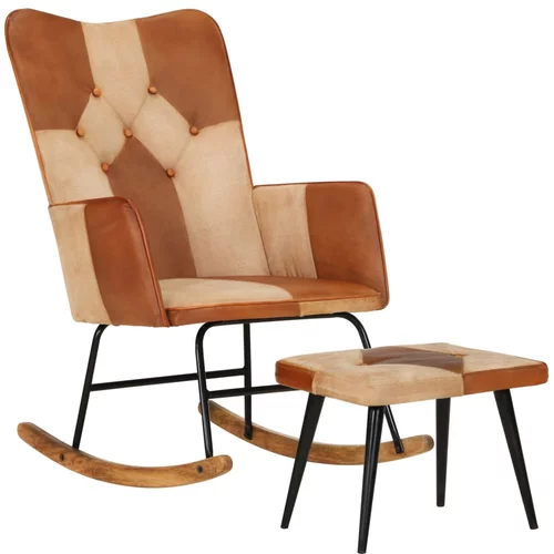  Stolica za ljuljanje s tabureom smeđa od prave kože i platna