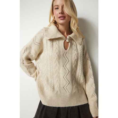 Happiness İstanbul Women's Beige Pearl Buttoned Pattern Knitwear Sweater Slike