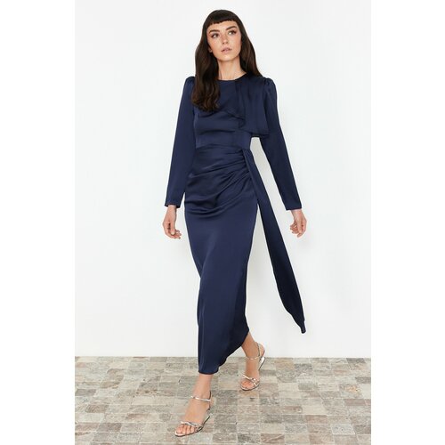 Trendyol Navy Blue Shawl Detailed Satin Evening Dress Slike