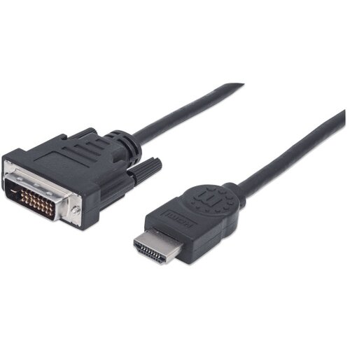 Manhattan HDMI to DVI-D 24+1 Cable, 1.8m, Male to Male, Black, Equivalent to HDMIDVIMM6, Dual Link, Compatible with DVD-D, Lifetime Warranty, Polybag Slike