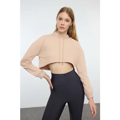 Trendyol Dark Beige Super Crop Hooded Knitted Sports Sweatshirt