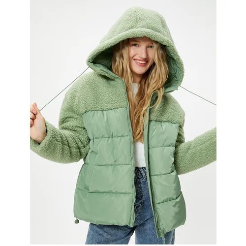 Koton Puffer Jacket with Plush Detail, Hooded and Pocketed