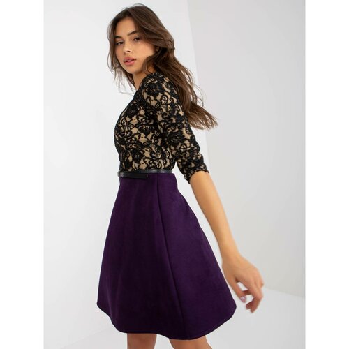Fashion Hunters Black and dark purple cocktail dress with a belt Slike