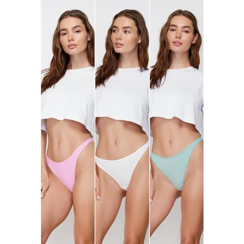 Trendyol Ecru-Pink-Green 3-Pack Cotton Thong Briefs