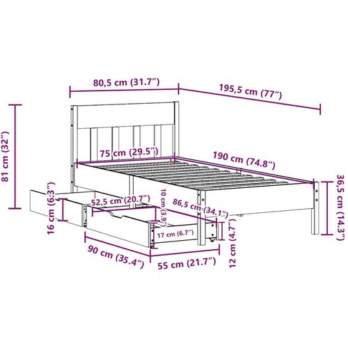 vidaXL Okvir kreveta bez madraca 75 x 190 cm od masivne borovine Cijene