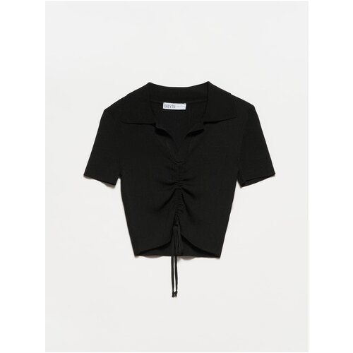 Dilvin 10200 Polo Neck Front Gathered Short Sleeve Sweater-black Slike