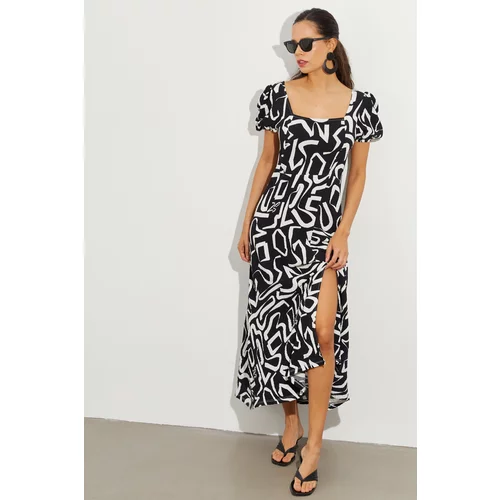 Cool & Sexy Women's Black and White Square Collar Slit Patterned Midi Dress