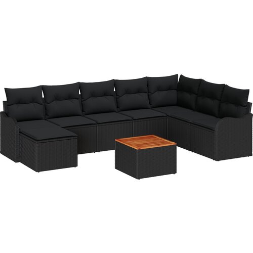 VidaXL set od 9 komada vrtnih sofi s jastučićima crni poli ratan akacija, 2-sjedalna vrtna sofa s pohranom i jastučićima crni poli ratan Slike