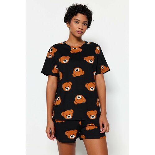 Trendyol Black 100% Cotton Teddy Bear Patterned T-shirt-Shorts Knitted Pajamas Set Cene