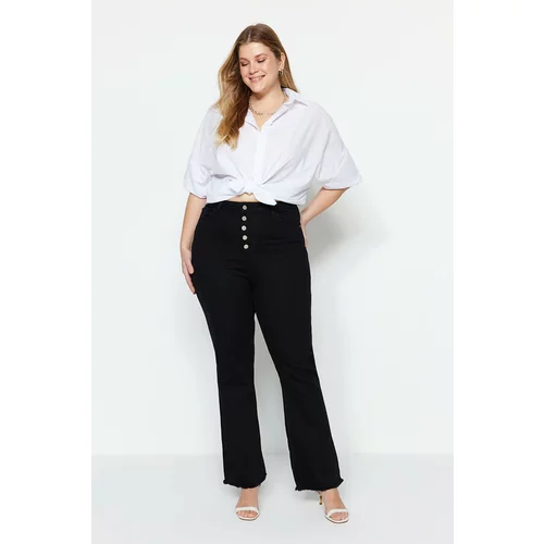 Trendyol Curve Black High Waist Button and Tassel Detail Flare Jeans