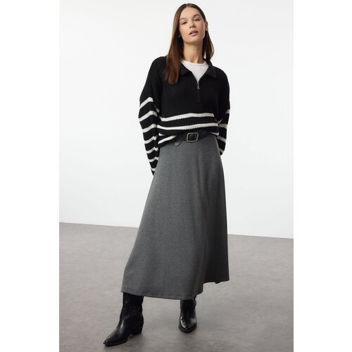 Trendyol Anthracite A Cut/Flare Cut Midi Brushed Flexible Knit Skirt Slike