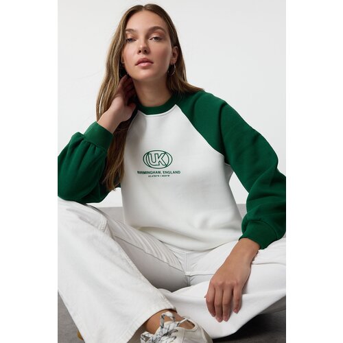 Trendyol Emerald Green Color Block Relaxed Pattern Raglan Sleeve Thick Knit Sweatshirt Cene