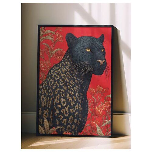 Wallxpert uramljena slika 115269, crni panter sa cvetnim motivima na crvenoj pozadini, 50 x 70 cm, crni ram Cene
