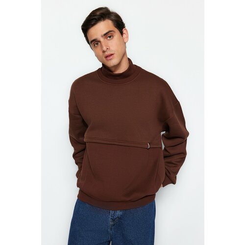 Trendyol Limited Edition Men's Brown Oversized/Wide-Cut Stand-Up Collar Loose Fleece Sweatshirt with Label. Slike