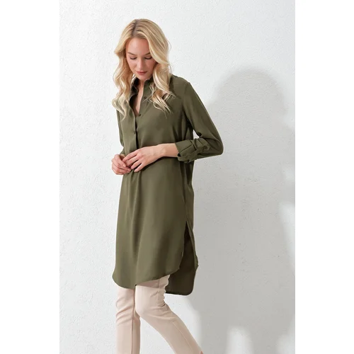 Trend Alaçatı Stili Women's Khaki Shirt Collar Half Pop Long Woven Tunic