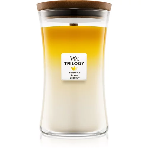 WoodWick Trilogy Fruits of Summer mirisna svijeća s drvenim fitiljem 609,5 g