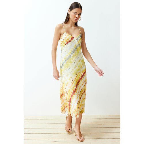 Trendyol yellow pattern mixed premium chiffon midi woven dress Slike