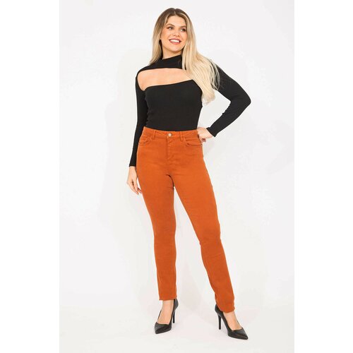Şans Women's Plus Size Orange Lycra 5-Pocket Jeans Trousers Cene