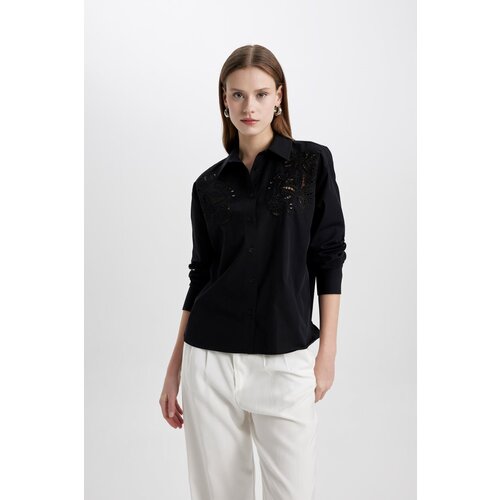 Defacto Oversize Fit Perforated Poplin Long Sleeve Black Shirt Slike