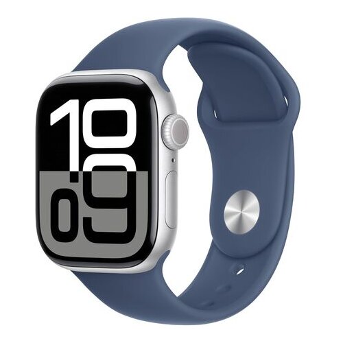 Apple Watch Series 10 [GPS 46mm case] Smartwatch with Silver Aluminium Case with Denim Sport Band - M/L. Fitness Tracker, ECG App, Always-On Retina Display, Water Resistant Cene