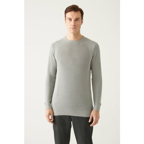 Avva Men's Gray Crew Neck Jacquard Slim Fit Slim Fit Knitwear Sweater Slike