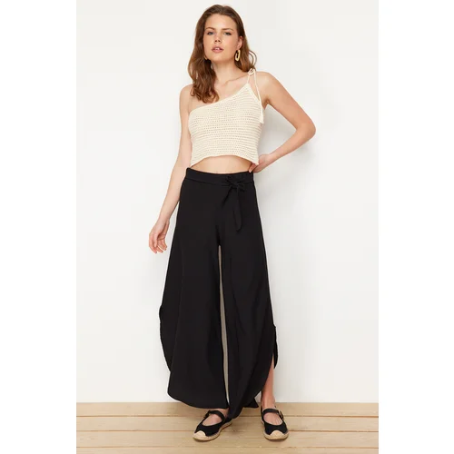 Trendyol Black Short Wide Leg Flexible Trousers with Side Slits