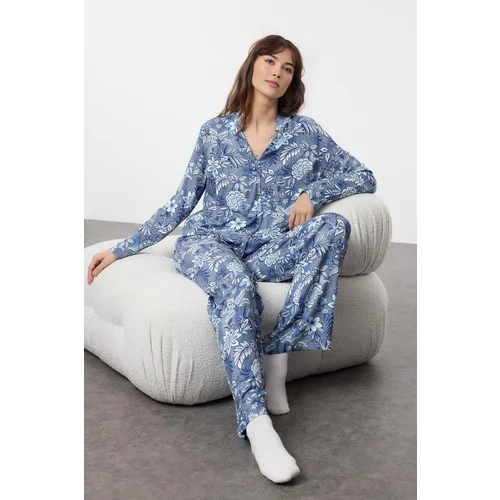 Trendyol Blue-Multicolored Floral Viscose Woven Pajama Set