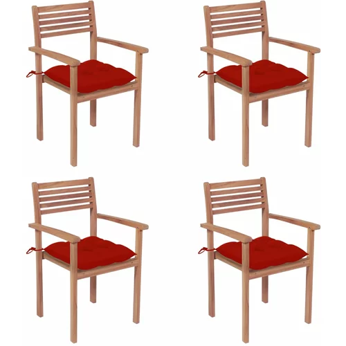 vidaXL Vrtni stoli 4 kosi z rdečimi blazinami trdna tikovina
