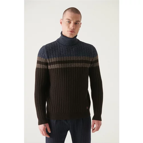 Avva Men's Brown Full Turtleneck Block Color Standard Fit Regular Cut Woolen Sweater