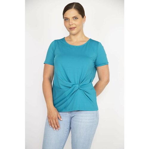 Şans Women's Turquoise Plus Size Front Gathered Detailed Crew Neck Short Sleeve Blouse Cene