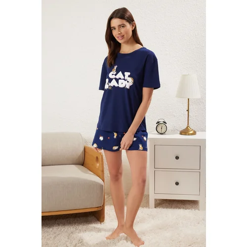 Trendyol Navy Blue Animal Jersey Knitted Pajama Set