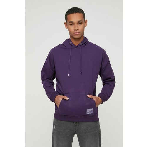 Trendyol Purple Men's Hoodie Oversized Long Sleeved Label Appliqué Basic Sweatshirt Slike