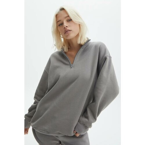 Madmext Dyed Gray Zipper Detailed Oversize Sweatshirt Slike