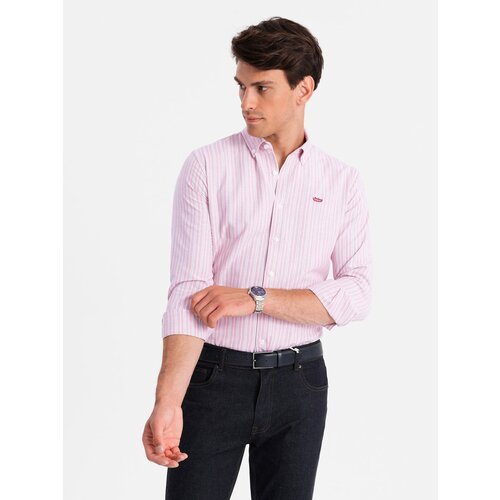 Ombre Men's cotton REGULAR FIT shirt with fine stripes - pink Slike