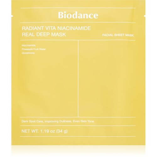 BIODANCE Radiant Vita Niacinamide Real Deep Mask posvetlitvena maska za obraz za poenotenje tona kože 1 kos Slike