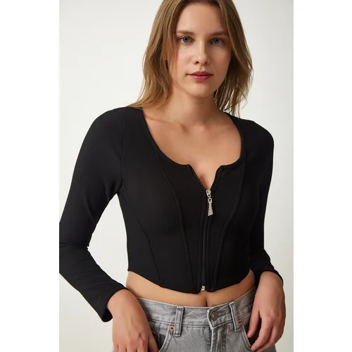  Women's Black Zippered Ribbed Crop Blouse