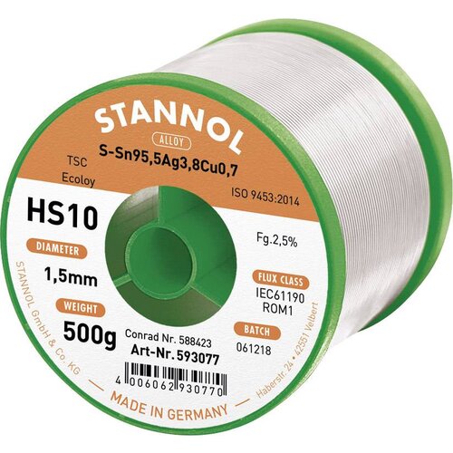 Stannol HS10 2510 spajkalna žica\, neosvinčena tuljava Sn95\,5Ag3\,8Cu0\,7 ROM1 500 g 1.5 mm, (20428457) Slike