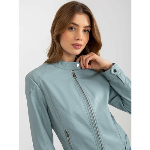 Fashion Hunters Light blue motorcycle jacket made of artificial leather with pockets Cene