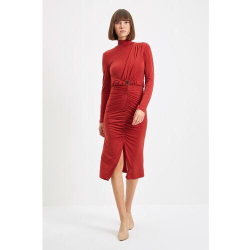 Trendyol Tile Stand Collar Belted Knitted Dress Slike