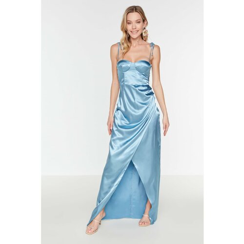 Trendyol Blue Ruffle Detailed Satin Evening Dress & Graduation Dress Slike