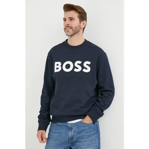 BOSS Orange Bombažen pulover BOSS moški, mornarsko modra barva