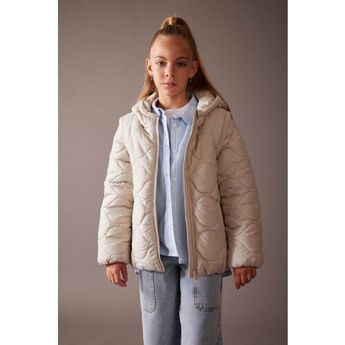 Defacto Girls Water Repellent Hooded Quilted Detachable Sleeve Fleece Lined coat Slike