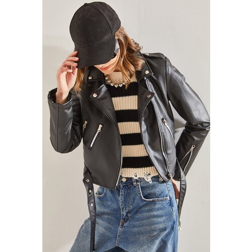 Bianco Lucci Women&amp;#039;s Epaulette Sleeves Zippered Belt Leather Jacket Slike