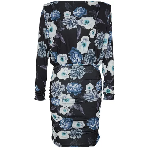 Trendyol Blue Printed Mini, Stretchy Knit Dress with Padded Draping Fitted/Sleek