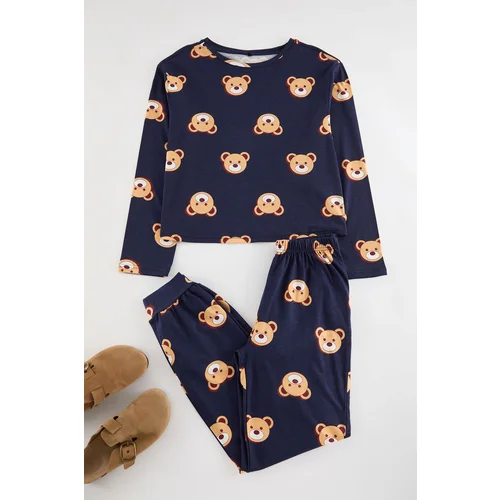 Trendyol Navy Blue 100% Cotton Teddy Bear Patterned Knitted Pajama Set