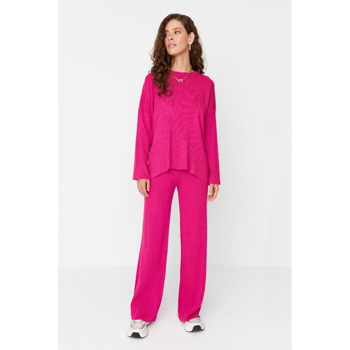 Trendyol Fuchsia Knitted Detailed Sweater Pants Knitwear Bottom-Top Set Slike