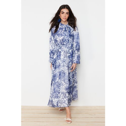 Trendyol Blue Floral Pattern Lined Long Chiffon Dress Slike